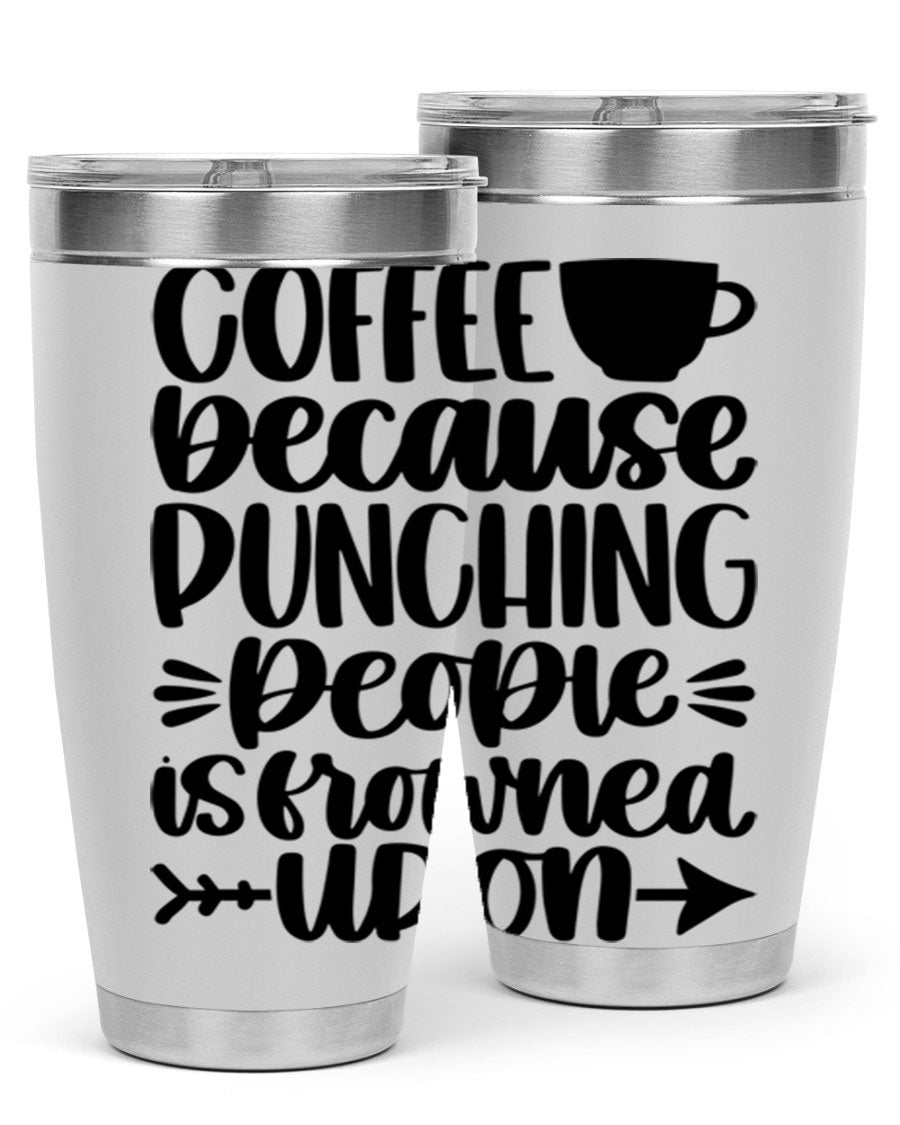 Coffee Because 170# Tumbler in stainless steel with a drink-thru lid, showcasing its sleek design and double wall insulation.