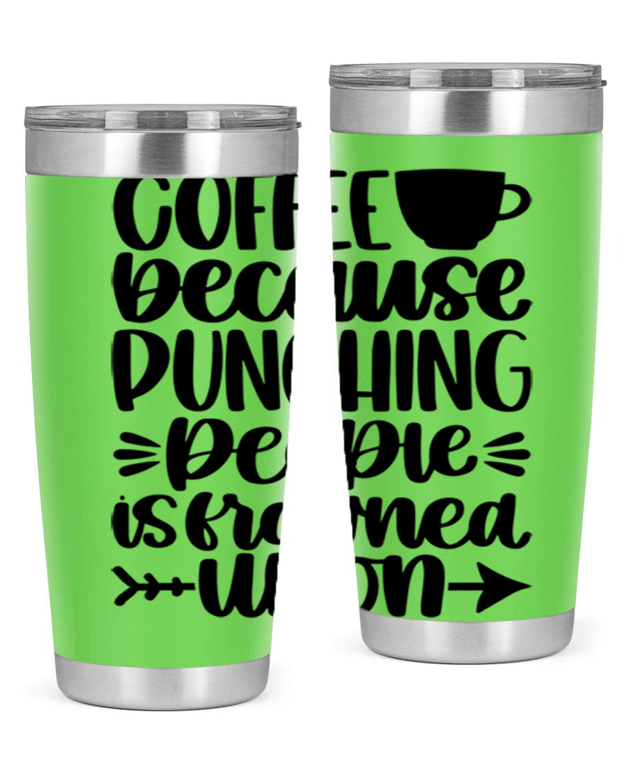 Coffee Because 170# Tumbler in stainless steel with a drink-thru lid, showcasing its sleek design and double wall insulation.