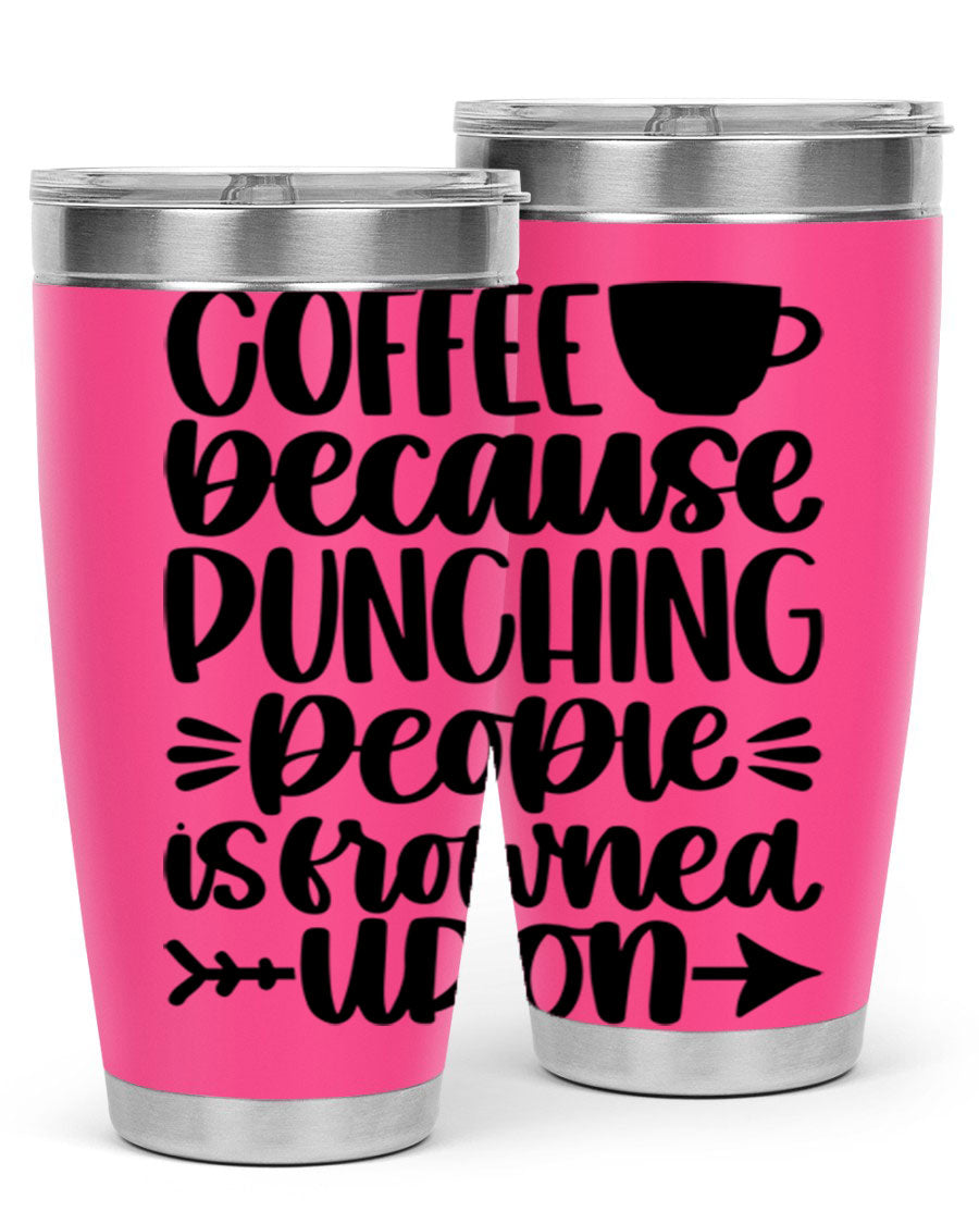 Coffee Because 170# Tumbler in stainless steel with a drink-thru lid, showcasing its sleek design and double wall insulation.