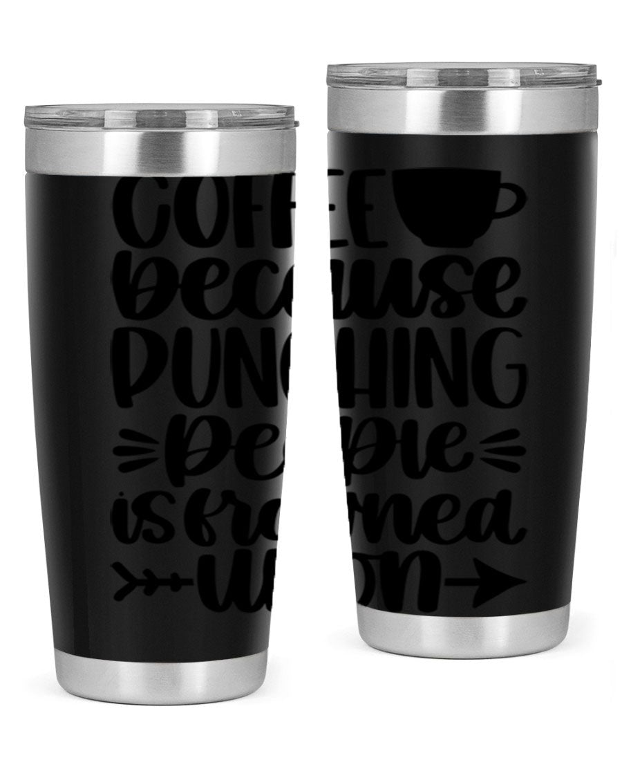 Coffee Because 170# Tumbler in stainless steel with a drink-thru lid, showcasing its sleek design and double wall insulation.