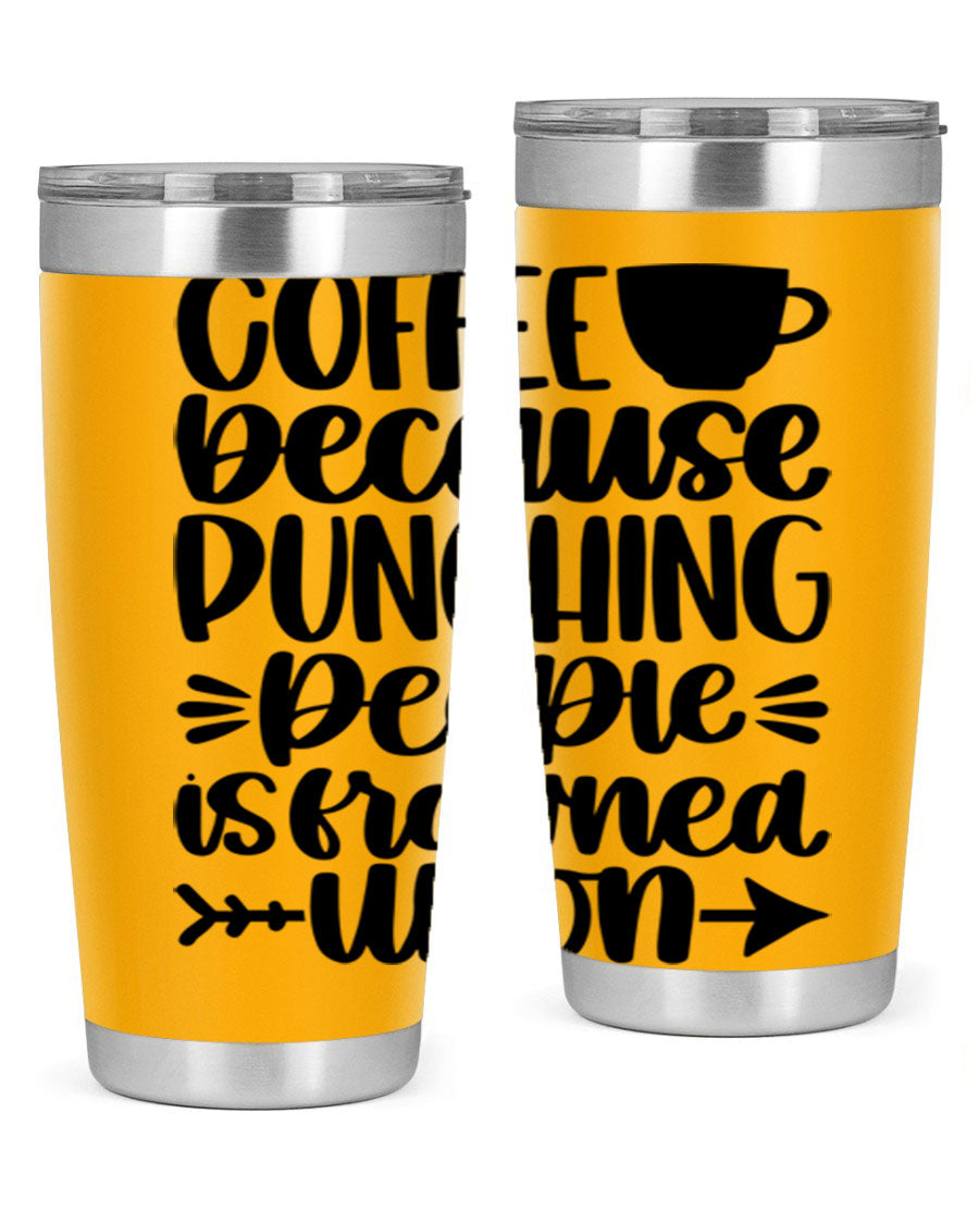 Coffee Because 170# Tumbler in stainless steel with a drink-thru lid, showcasing its sleek design and double wall insulation.