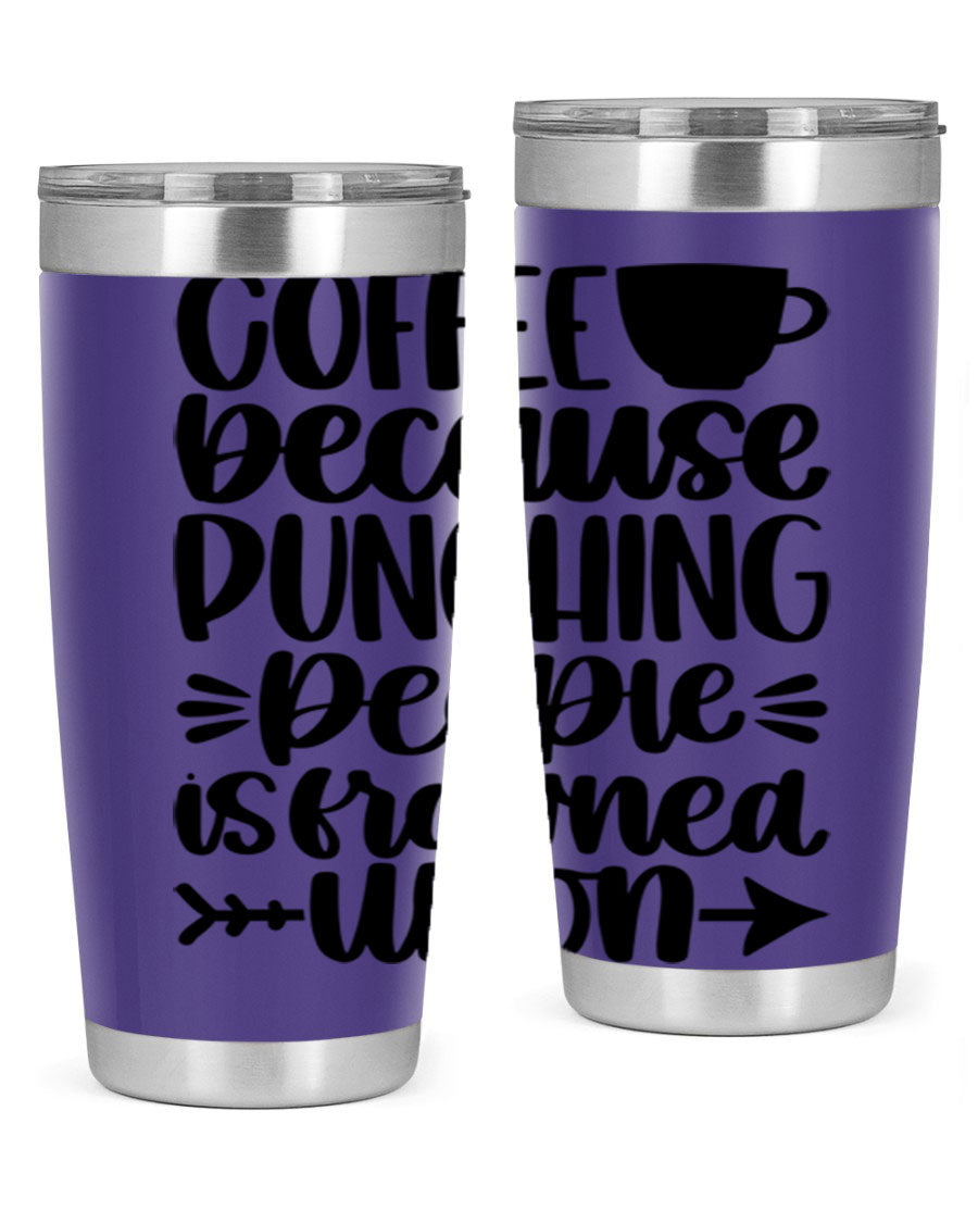 Coffee Because 170# Tumbler in stainless steel with a drink-thru lid, showcasing its sleek design and double wall insulation.