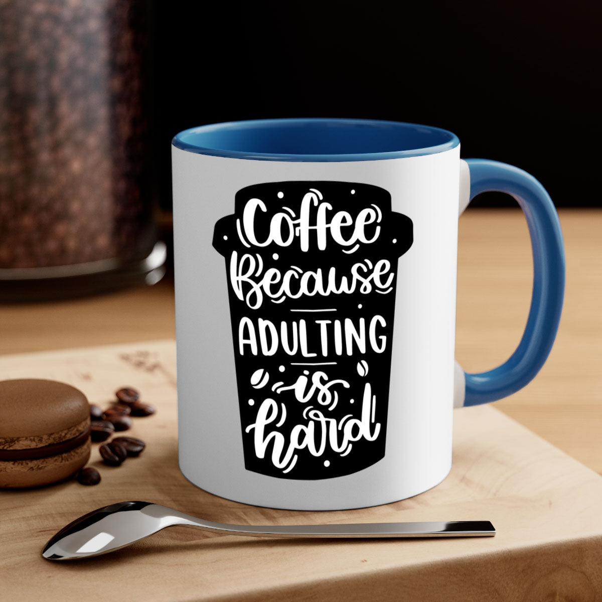 Two-tone Coffee Because Adulting Mug with colored handle and glossy finish, available in multiple colors and sizes.