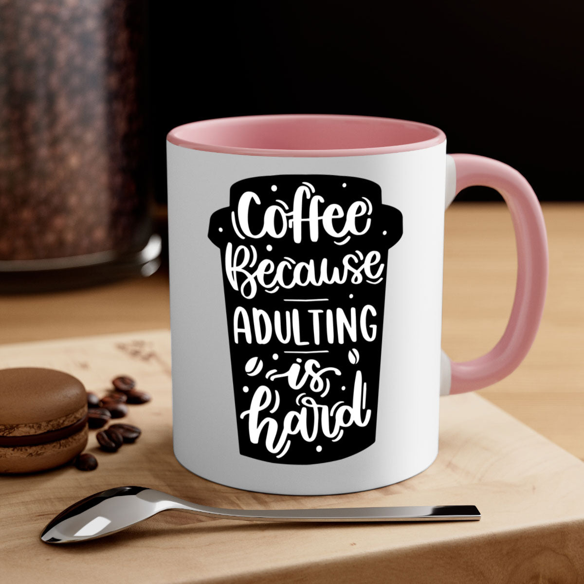 Two-tone Coffee Because Adulting Mug with colored handle and glossy finish, available in multiple colors and sizes.
