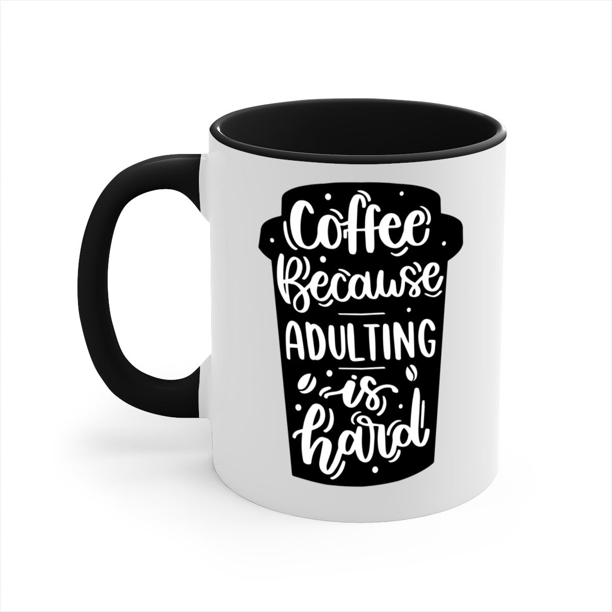 Two-tone Coffee Because Adulting Mug with colored handle and glossy finish, available in multiple colors and sizes.