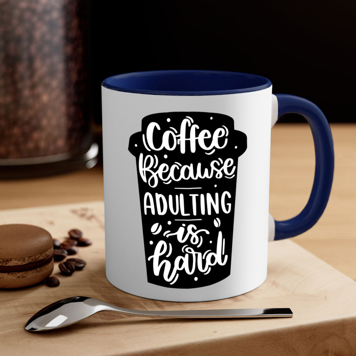 Two-tone Coffee Because Adulting Mug with colored handle and glossy finish, available in multiple colors and sizes.