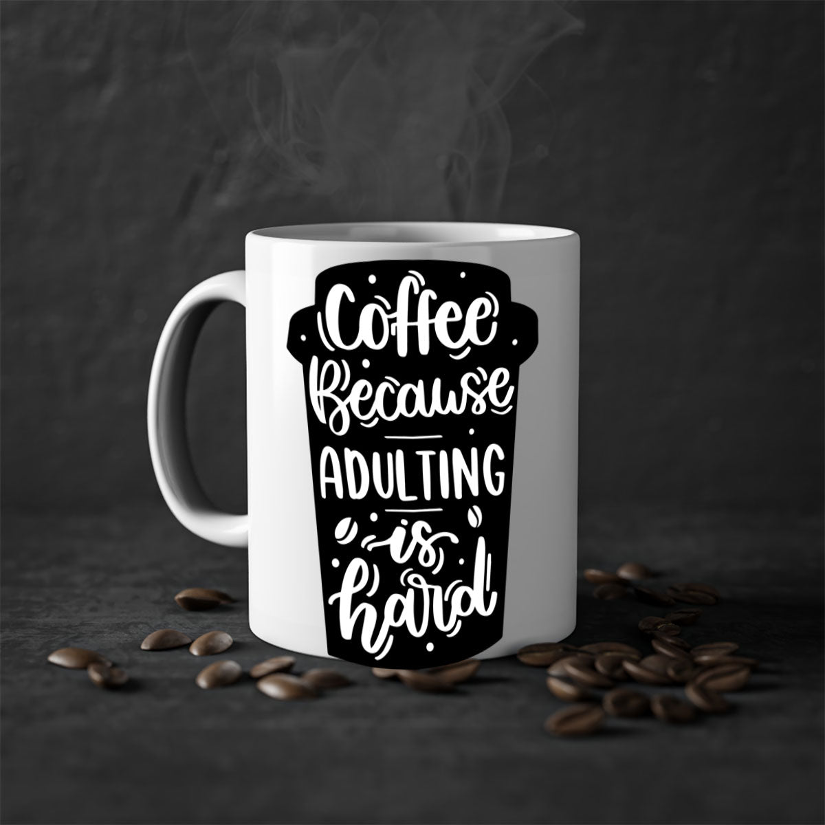 Two-tone Coffee Because Adulting Mug with colored handle and glossy finish, available in multiple colors and sizes.