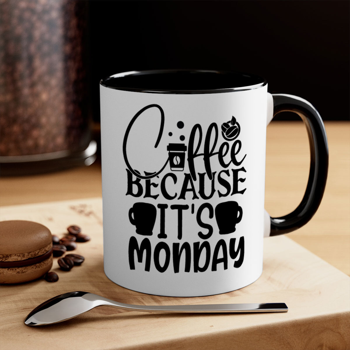 Coffee because its Monday Style 132# Mug with colorful handle and glossy finish, available in multiple colors and sizes.