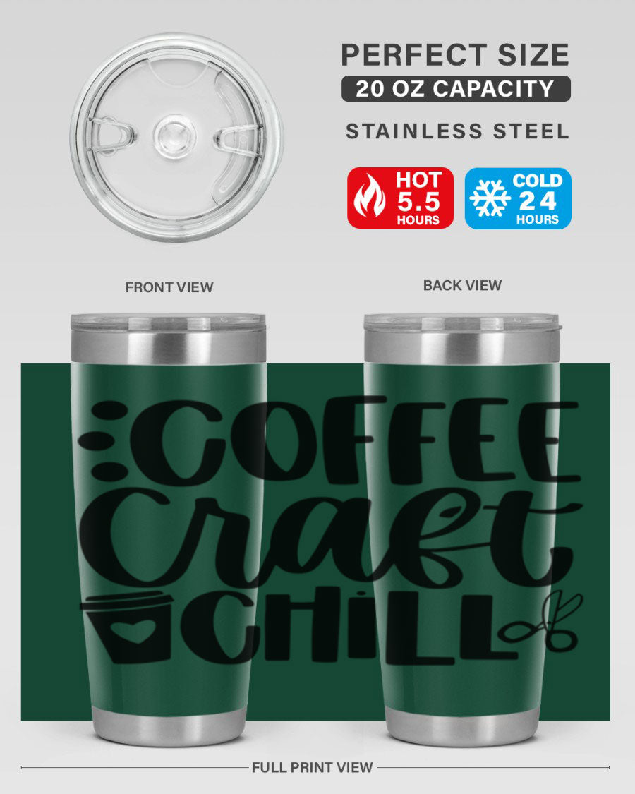 Coffee Craft Chill 42# Tumbler in stainless steel with a drink-thru lid, showcasing its sleek design and double wall vacuum insulation.