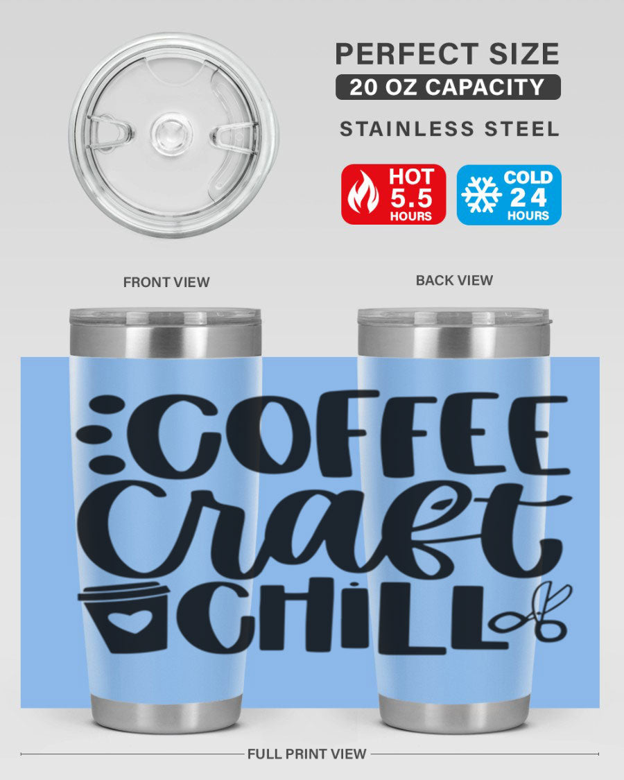 Coffee Craft Chill 42# Tumbler in stainless steel with a drink-thru lid, showcasing its sleek design and double wall vacuum insulation.