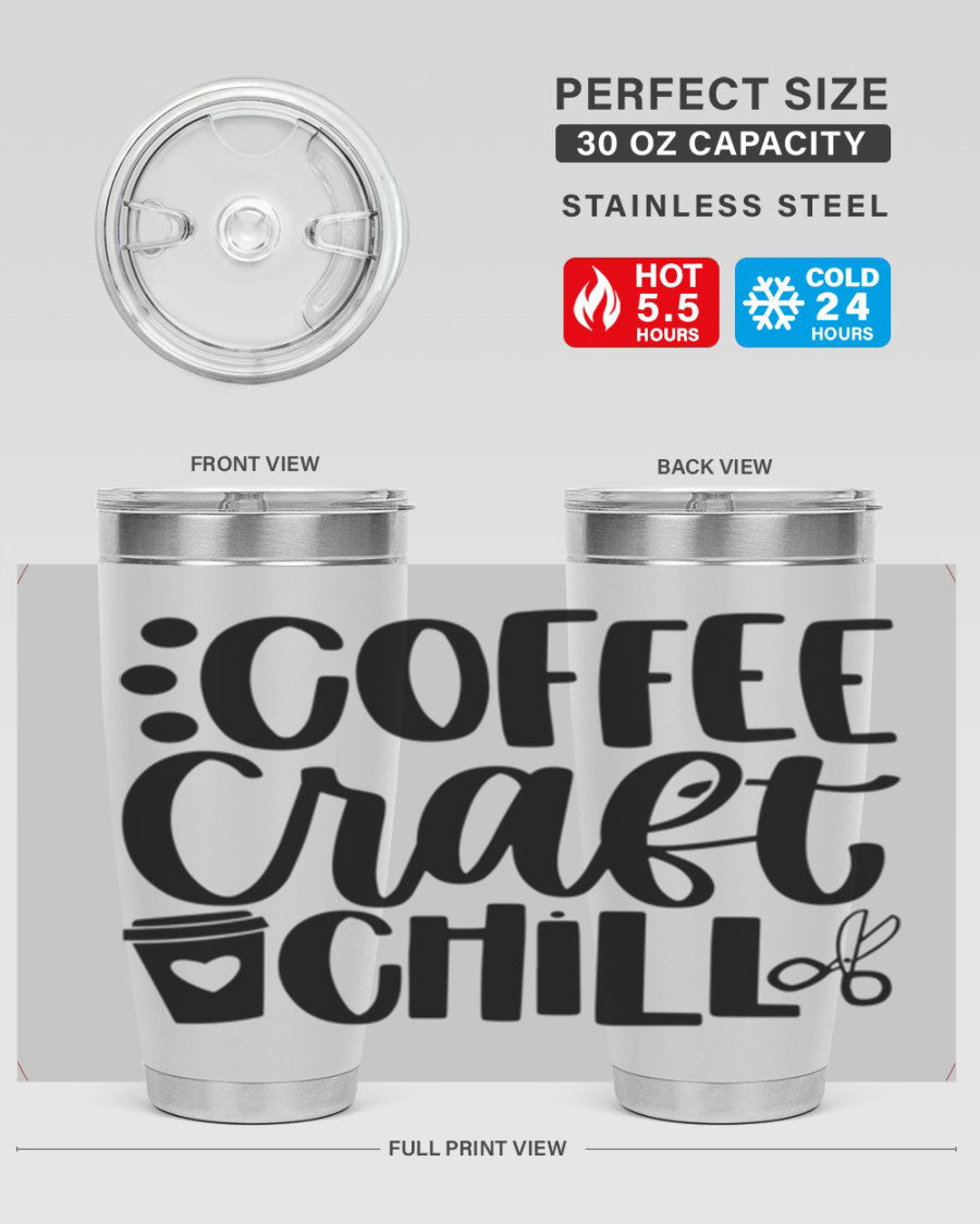 Coffee Craft Chill 42# Tumbler in stainless steel with a drink-thru lid, showcasing its sleek design and double wall vacuum insulation.