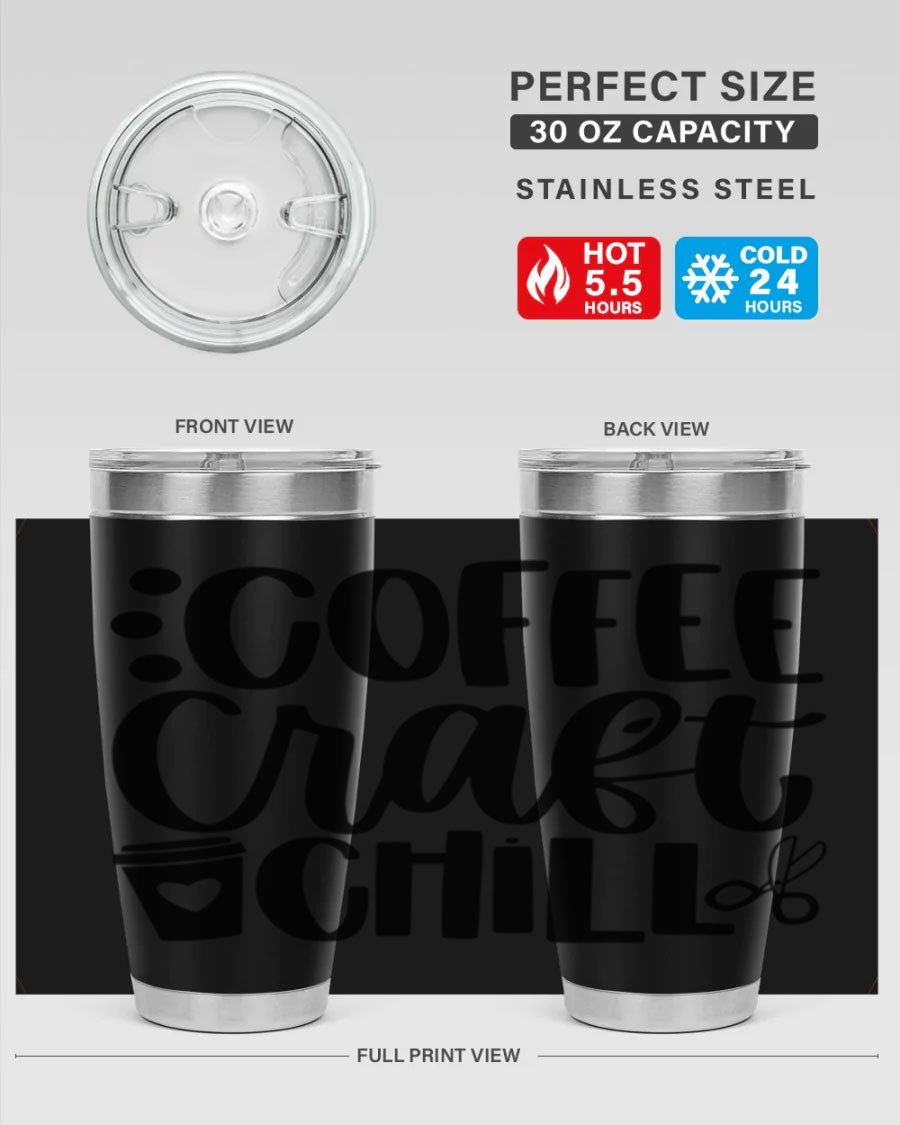 Coffee Craft Chill 42# Tumbler in stainless steel with a drink-thru lid, showcasing its sleek design and double wall vacuum insulation.