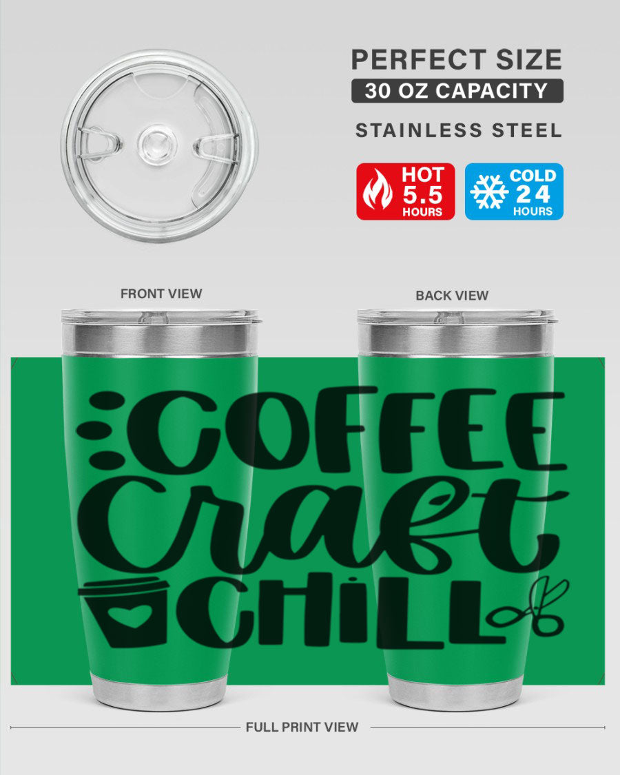 Coffee Craft Chill 42# Tumbler in stainless steel with a drink-thru lid, showcasing its sleek design and double wall vacuum insulation.