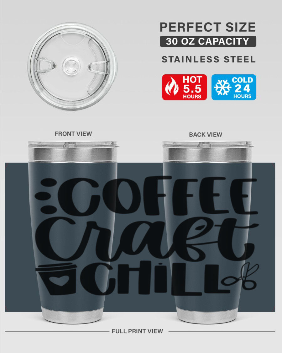 Coffee Craft Chill 42# Tumbler in stainless steel with a drink-thru lid, showcasing its sleek design and double wall vacuum insulation.