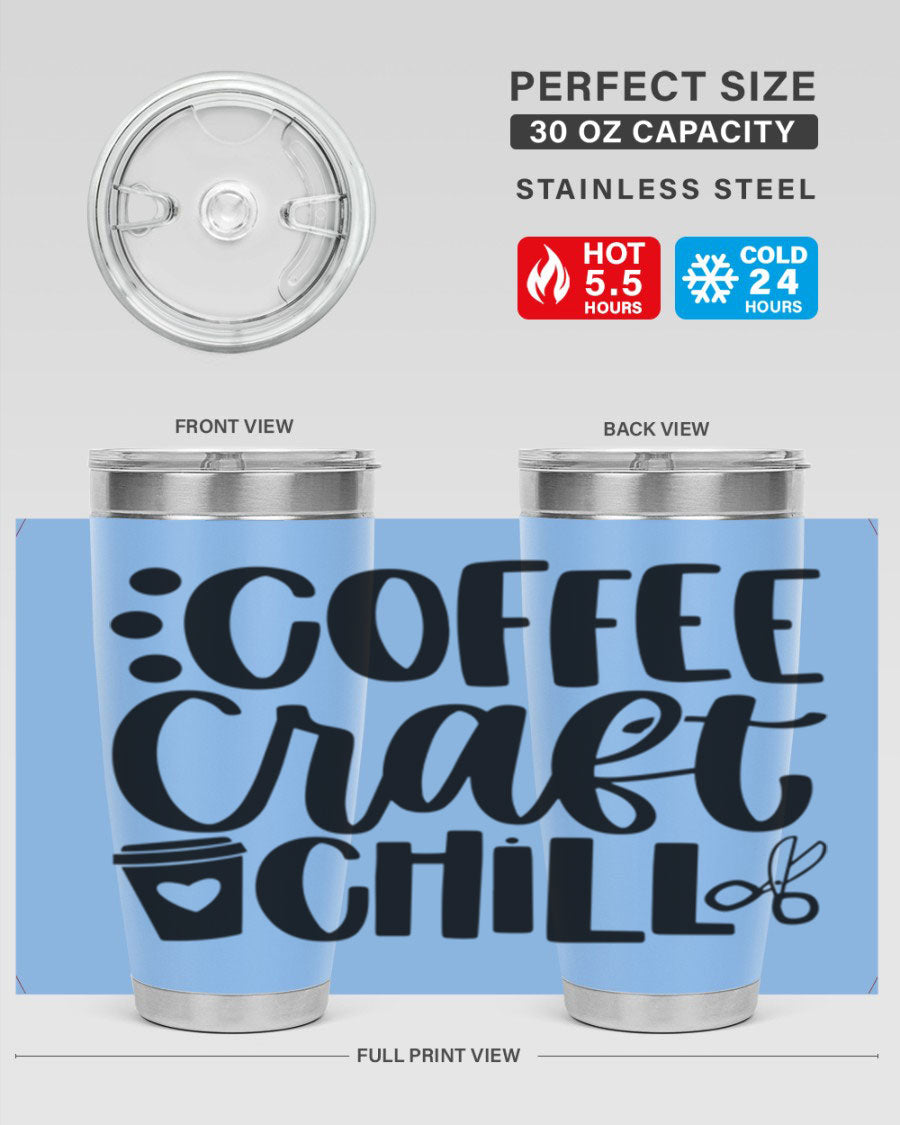 Coffee Craft Chill 42# Tumbler in stainless steel with a drink-thru lid, showcasing its sleek design and double wall vacuum insulation.