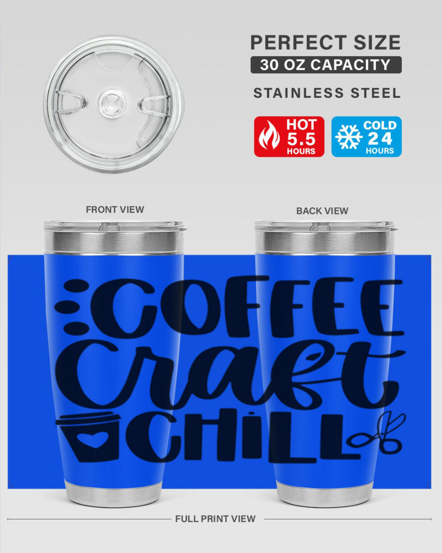 Coffee Craft Chill 42# Tumbler in stainless steel with a drink-thru lid, showcasing its sleek design and double wall vacuum insulation.
