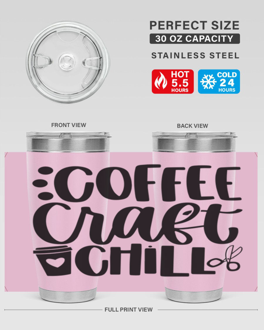Coffee Craft Chill 42# Tumbler in stainless steel with a drink-thru lid, showcasing its sleek design and double wall vacuum insulation.