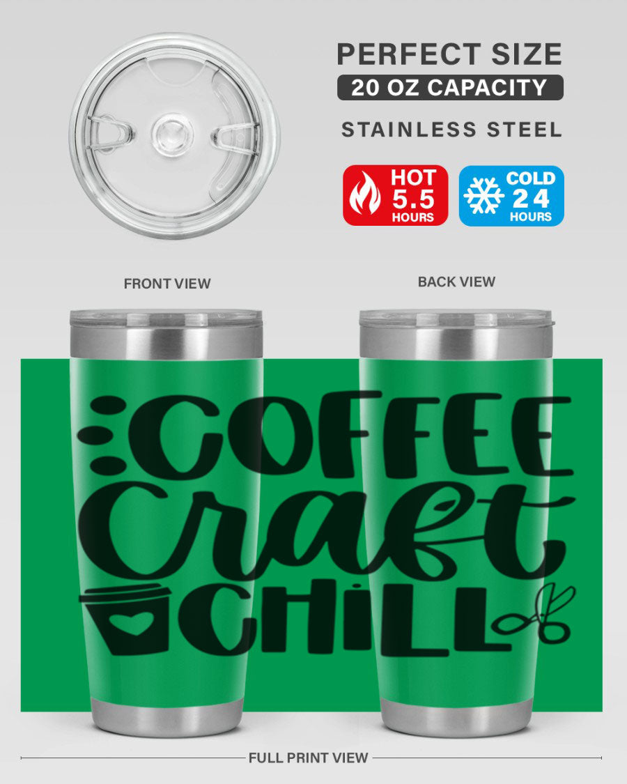 Coffee Craft Chill 42# Tumbler in stainless steel with a drink-thru lid, showcasing its sleek design and double wall vacuum insulation.