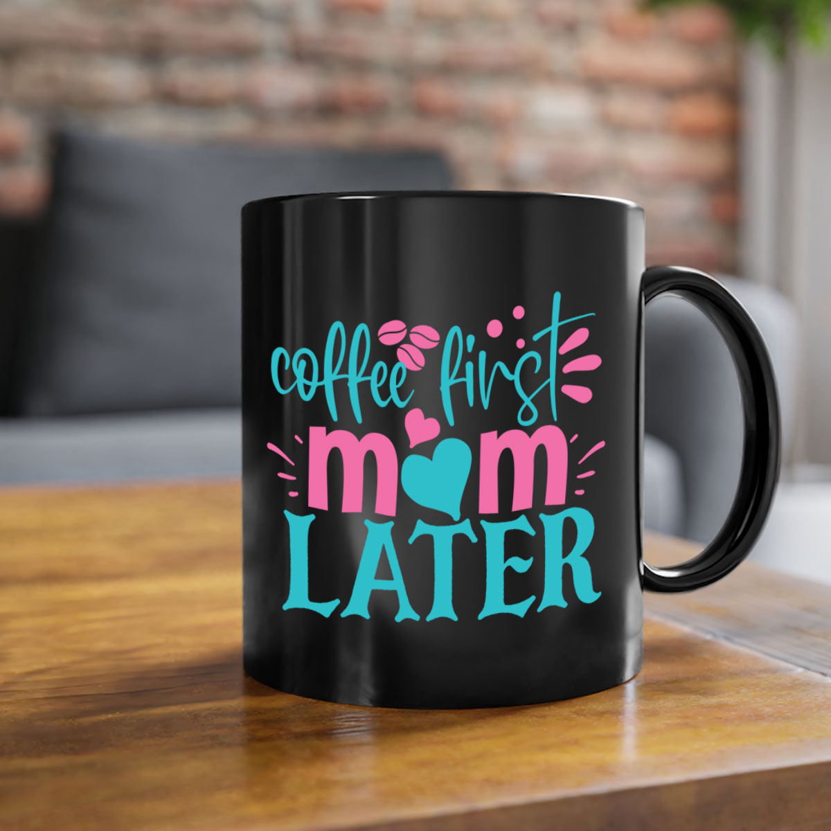 Coffee First Mom Later Mug with colorful handle and glossy finish, available in multiple colors and sizes.