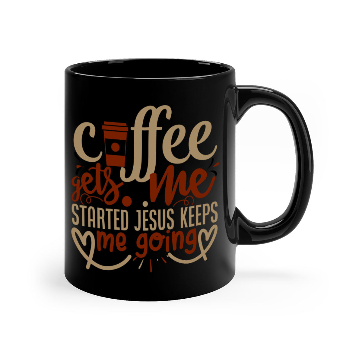 Ceramic coffee mug with a glossy finish, featuring a two-tone design and the phrase 'Coffee Gets Me Started Jesus Keeps Me Going'. Available in multiple colors.