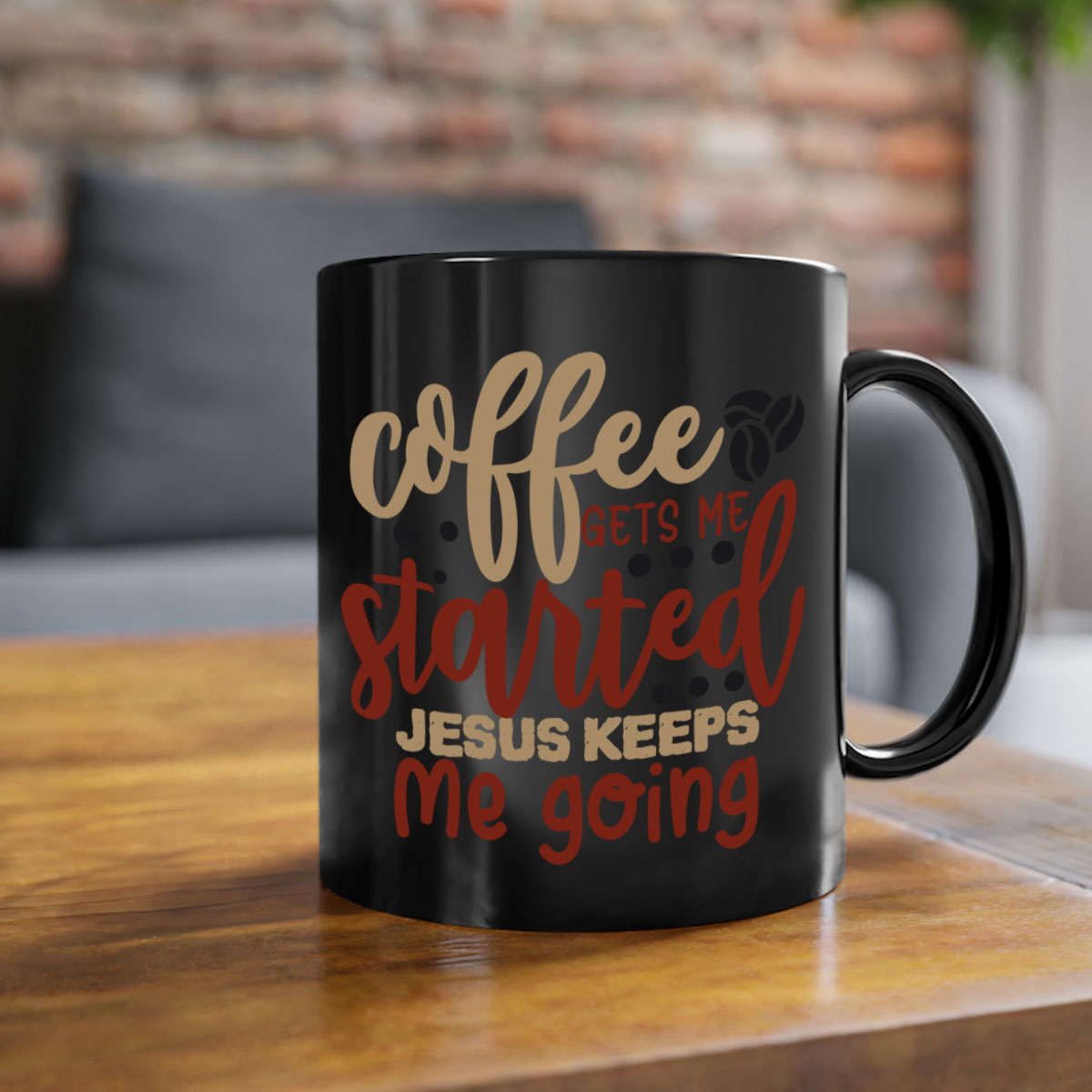 Ceramic coffee mug with the phrase 'Coffee Gets Me Started Jesus Keeps Me Going', featuring a glossy finish and a colored handle.