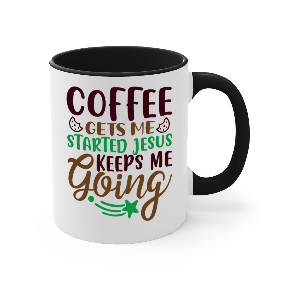 Ceramic coffee mug with a glossy finish featuring the phrase 'Coffee Gets Me Started, Jesus Keeps Me Going' in a stylish design.