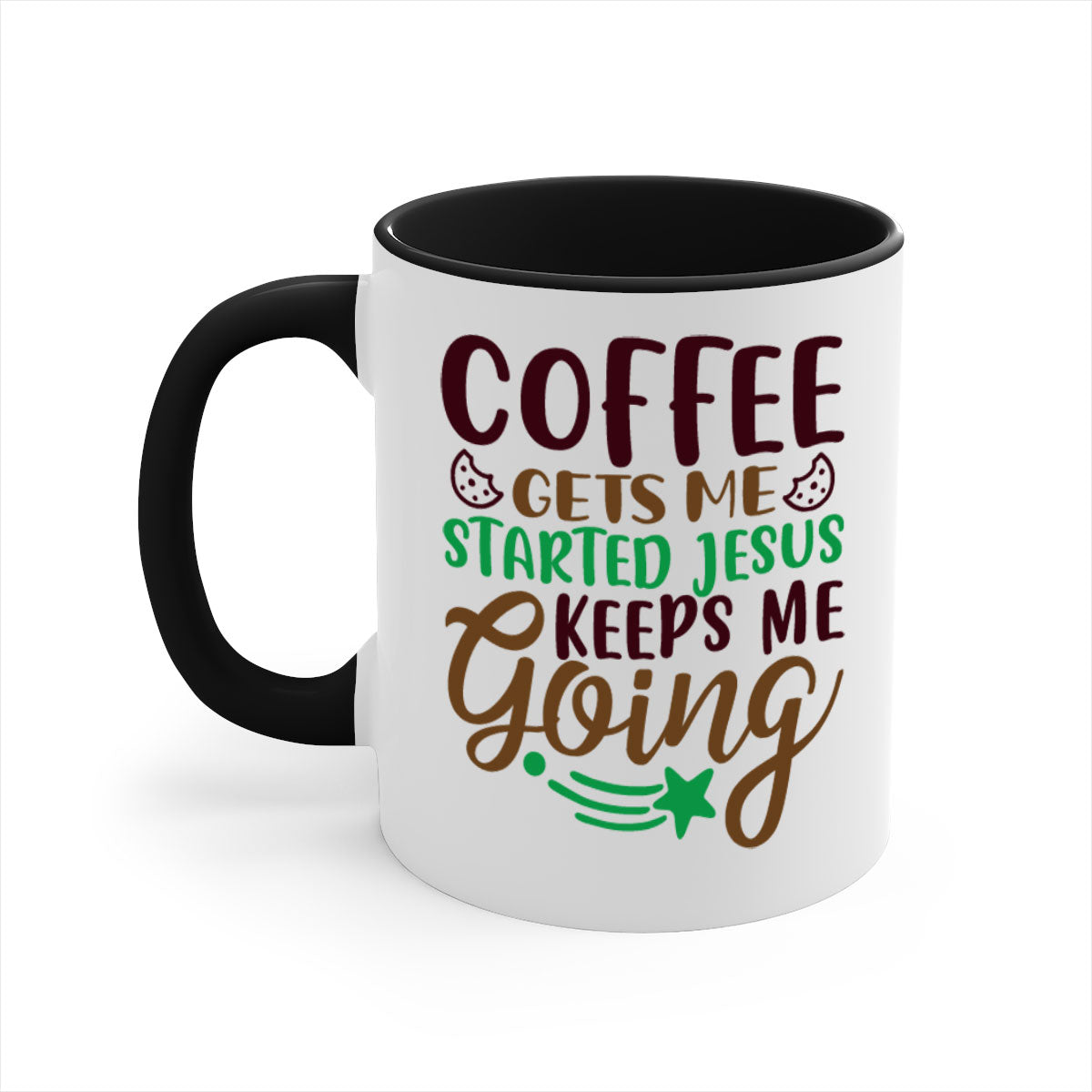 Ceramic coffee mug with a glossy finish featuring the phrase 'Coffee Gets Me Started, Jesus Keeps Me Going' in a stylish design.