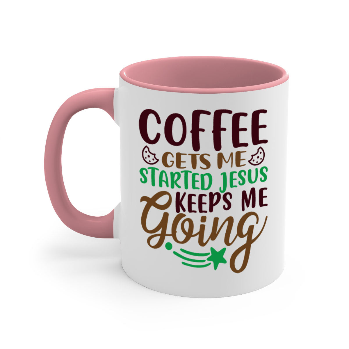 Ceramic coffee mug with a glossy finish featuring the phrase 'Coffee Gets Me Started, Jesus Keeps Me Going' in a stylish design.