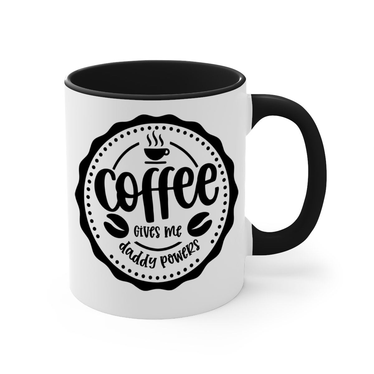 Ceramic coffee mug with the phrase 'Coffee Gives Me Daddy Powers' in a stylish two-tone design, featuring a colored handle and glossy finish.
