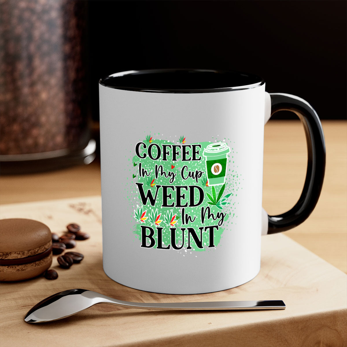 Coffee In My Cup Weed In My Blunt mug with colorful handle and glossy finish, available in multiple sizes.