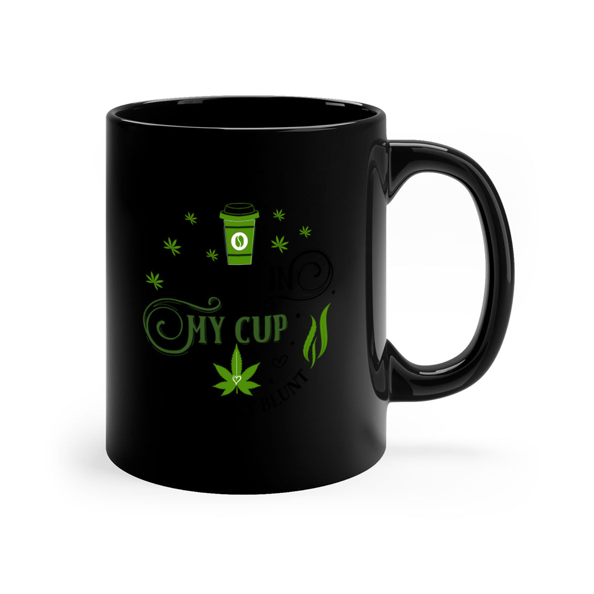 Coffee In My Cup Weed In My Blunt mug with colorful handle and glossy finish, perfect for coffee and tea lovers.