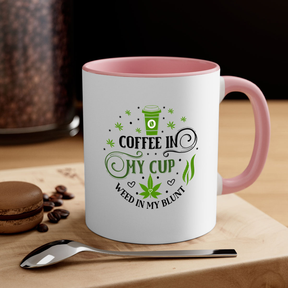 Coffee In My Cup Weed In My Blunt mug with colorful handle and glossy finish, perfect for coffee and tea lovers.