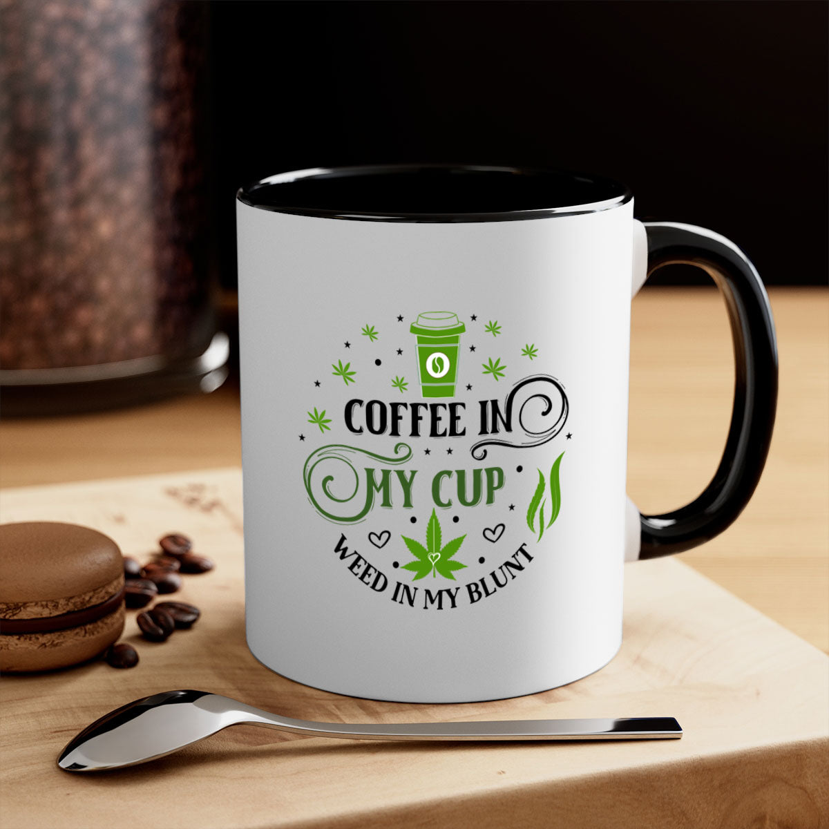 Coffee In My Cup Weed In My Blunt mug with colorful handle and glossy finish, perfect for coffee and tea lovers.