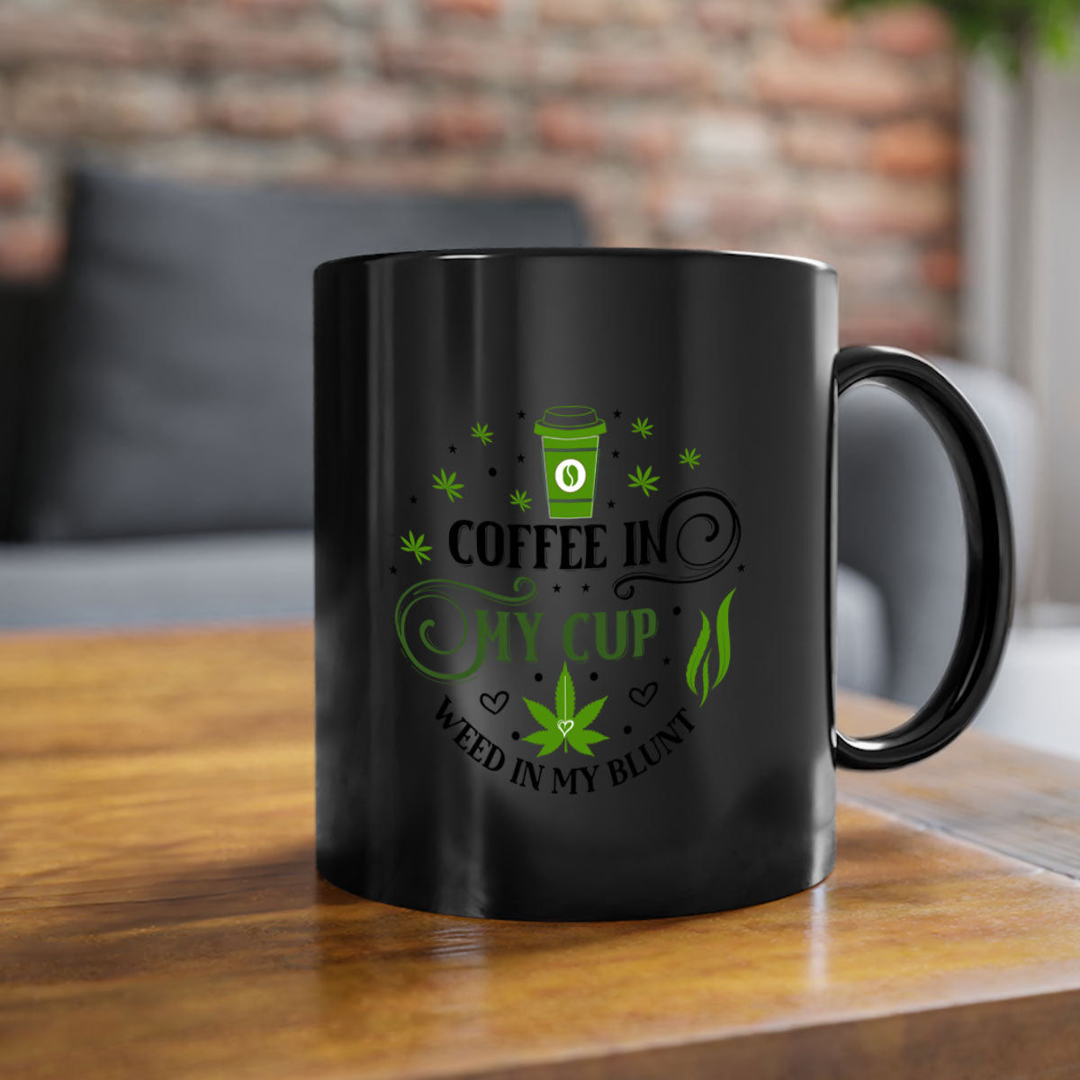Coffee In My Cup Weed In My Blunt mug with colorful handle and glossy finish, perfect for coffee and tea lovers.