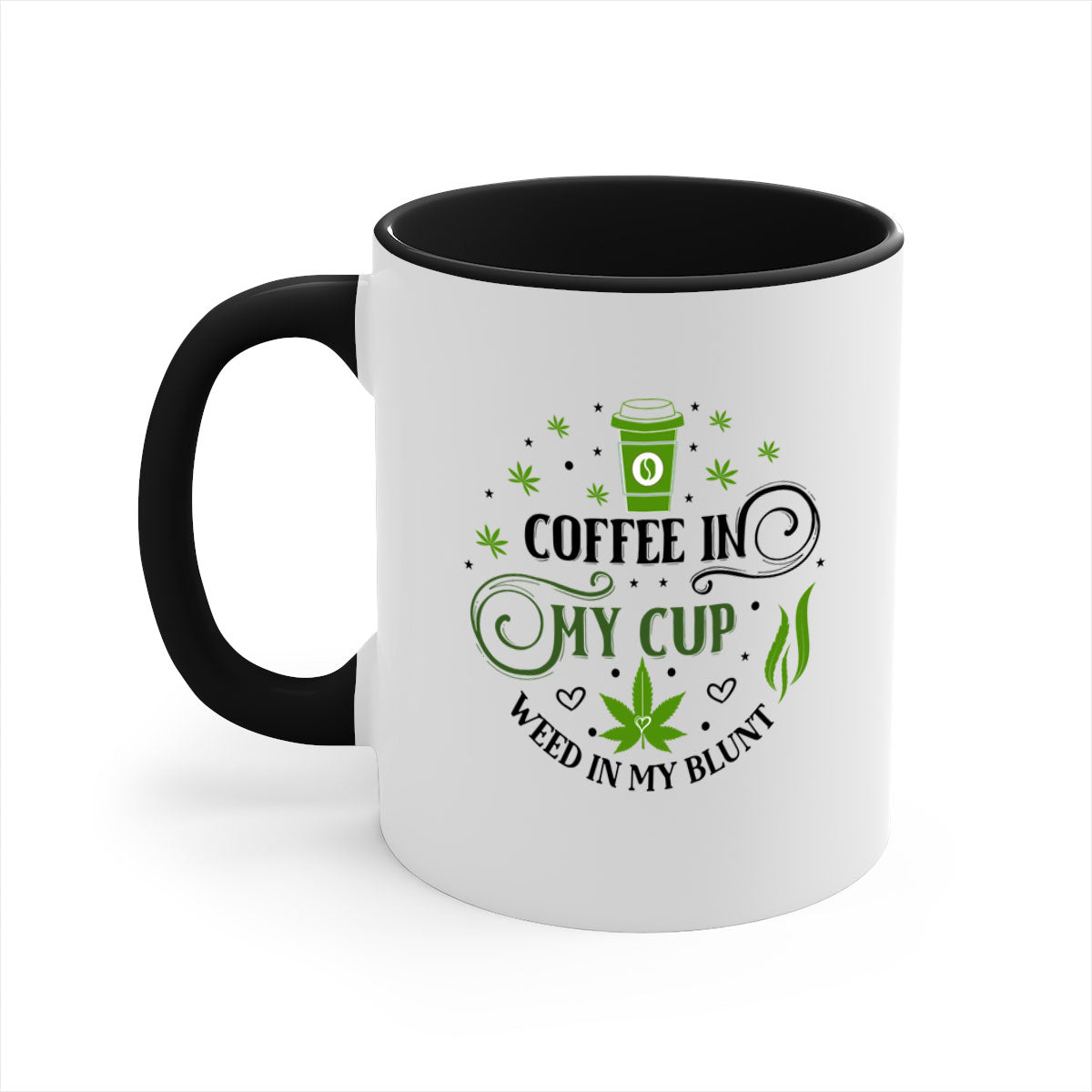 Coffee In My Cup Weed In My Blunt mug with colorful handle and glossy finish, perfect for coffee and tea lovers.