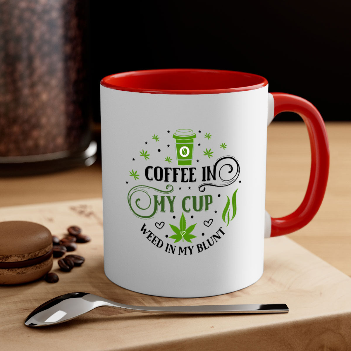 Coffee In My Cup Weed In My Blunt mug with colorful handle and glossy finish, perfect for coffee and tea lovers.