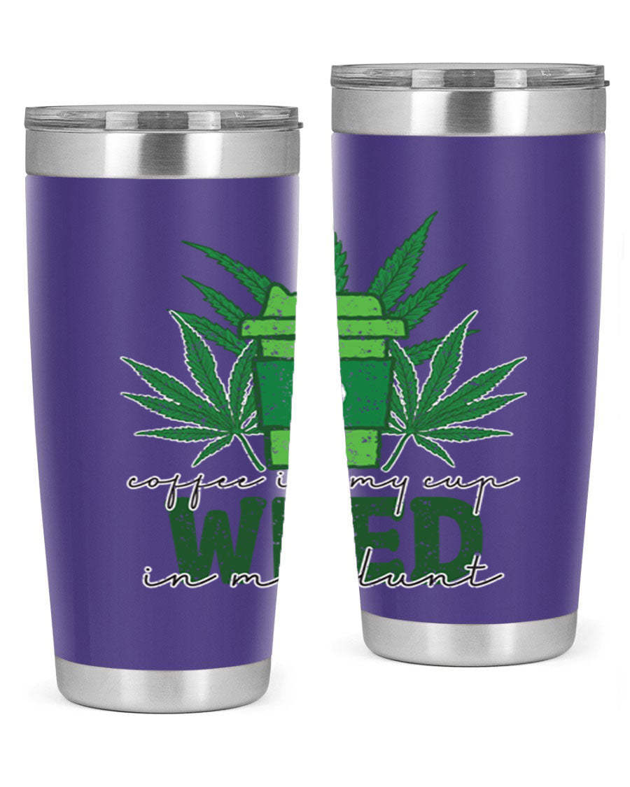Coffee In My Cup Weed In My Blunt 20oz stainless steel tumbler with a vibrant sublimation print, showcasing a unique design for coffee and cannabis lovers.