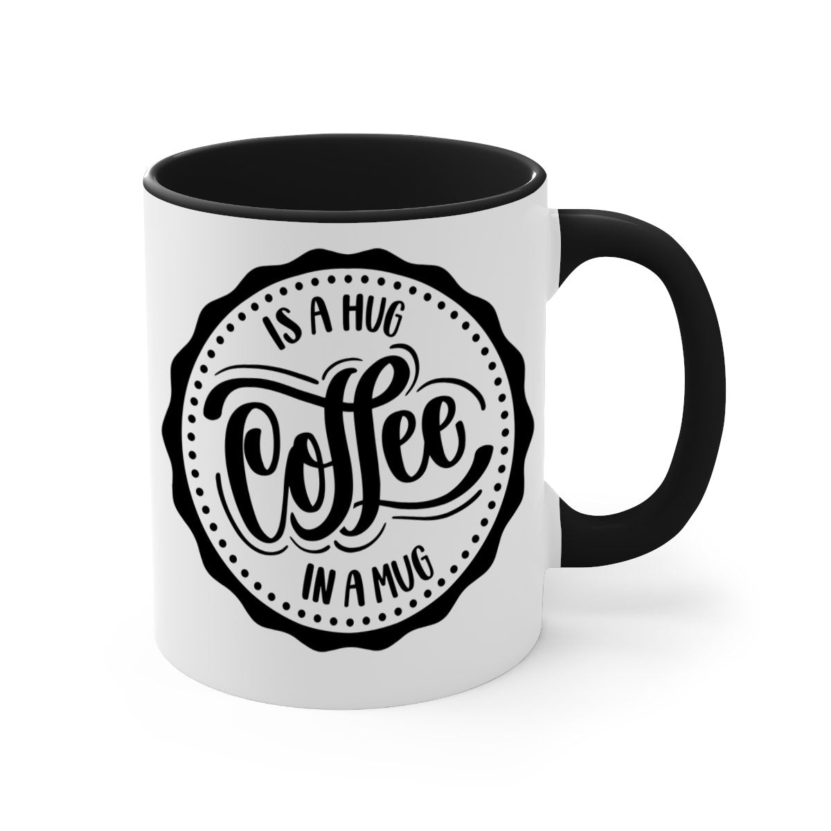 A stylish two-tone coffee mug with a colored handle and glossy finish, featuring the phrase 'Coffee is a Hug in a Mug'.