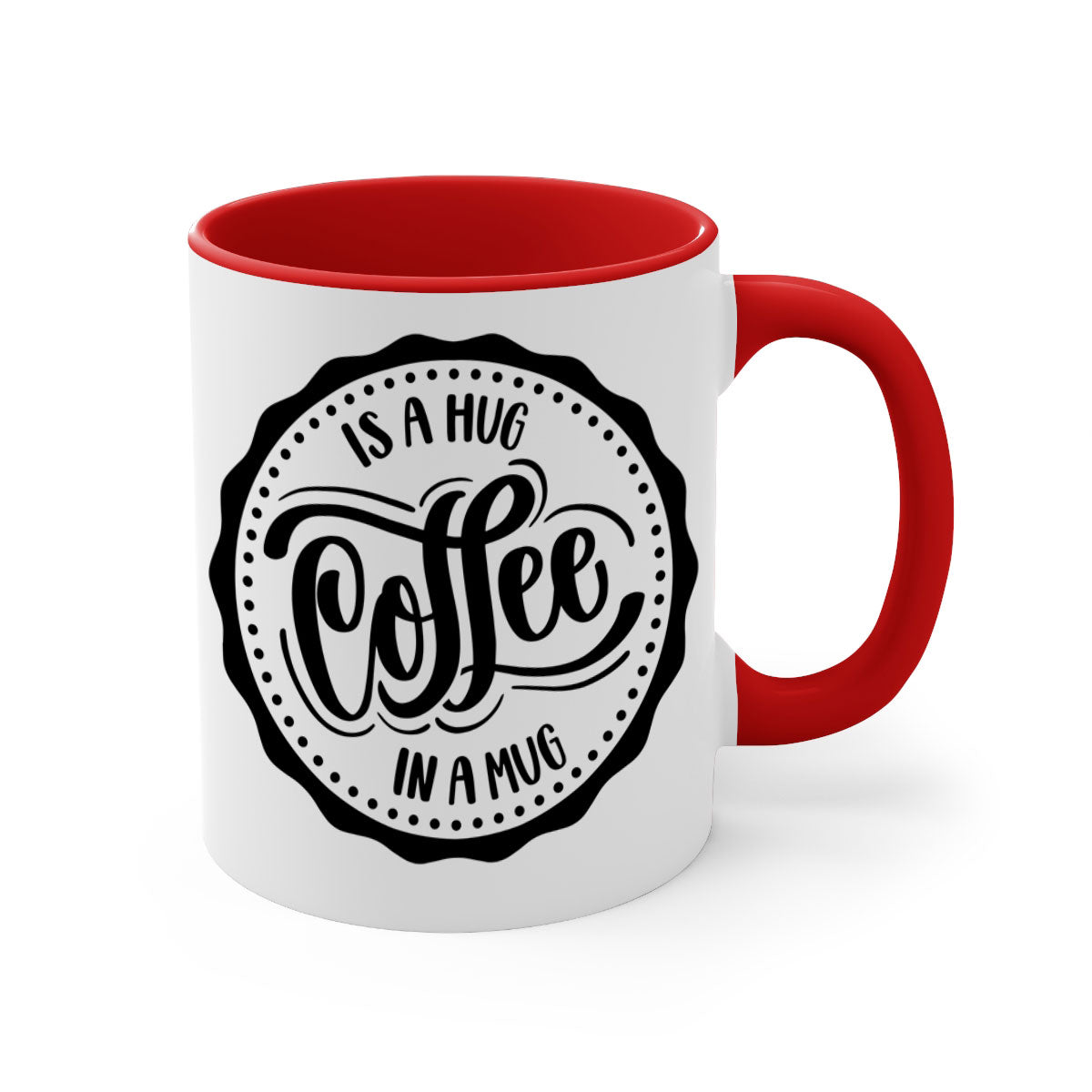 A stylish two-tone coffee mug with a colored handle and glossy finish, featuring the phrase 'Coffee is a Hug in a Mug'.