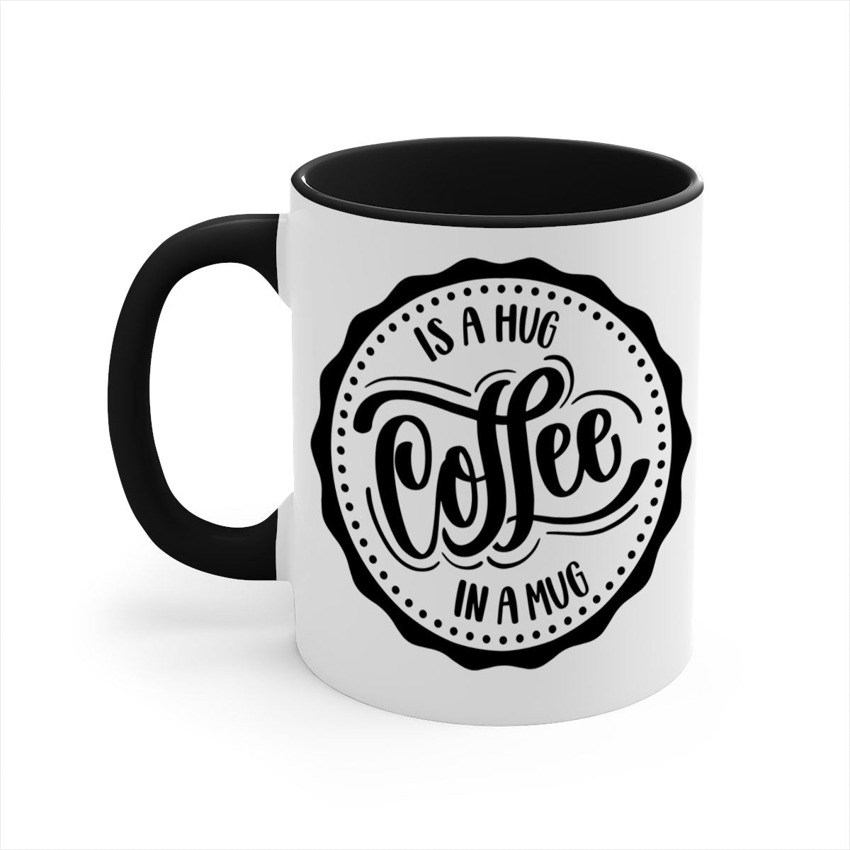 A stylish two-tone coffee mug with a colored handle and glossy finish, featuring the phrase 'Coffee is a Hug in a Mug'.