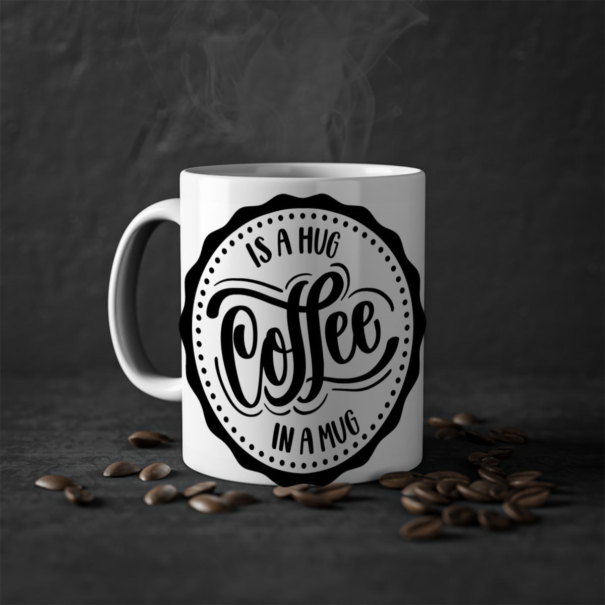 A stylish two-tone coffee mug with a colored handle and glossy finish, featuring the phrase 'Coffee is a Hug in a Mug'.