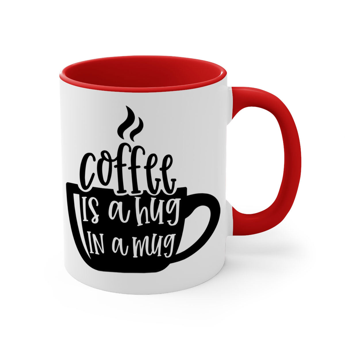 A stylish two-tone coffee mug with a colored handle and interior, featuring the phrase 'Coffee is a Hug in a Mug'. Available in multiple colors.