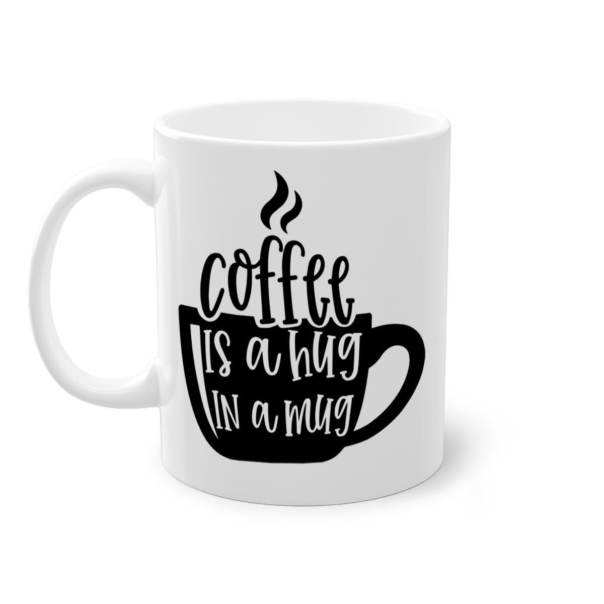 A stylish two-tone coffee mug with a colored handle and interior, featuring the phrase 'Coffee is a Hug in a Mug'. Available in multiple colors.