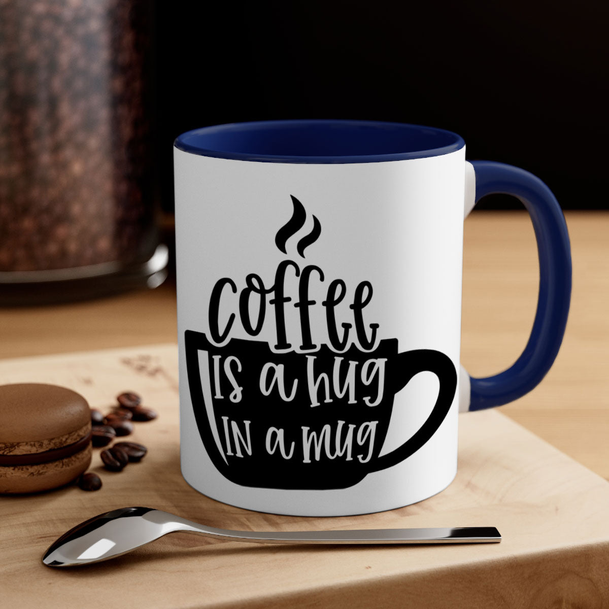 A stylish two-tone coffee mug with a colored handle and interior, featuring the phrase 'Coffee is a Hug in a Mug'. Available in multiple colors.