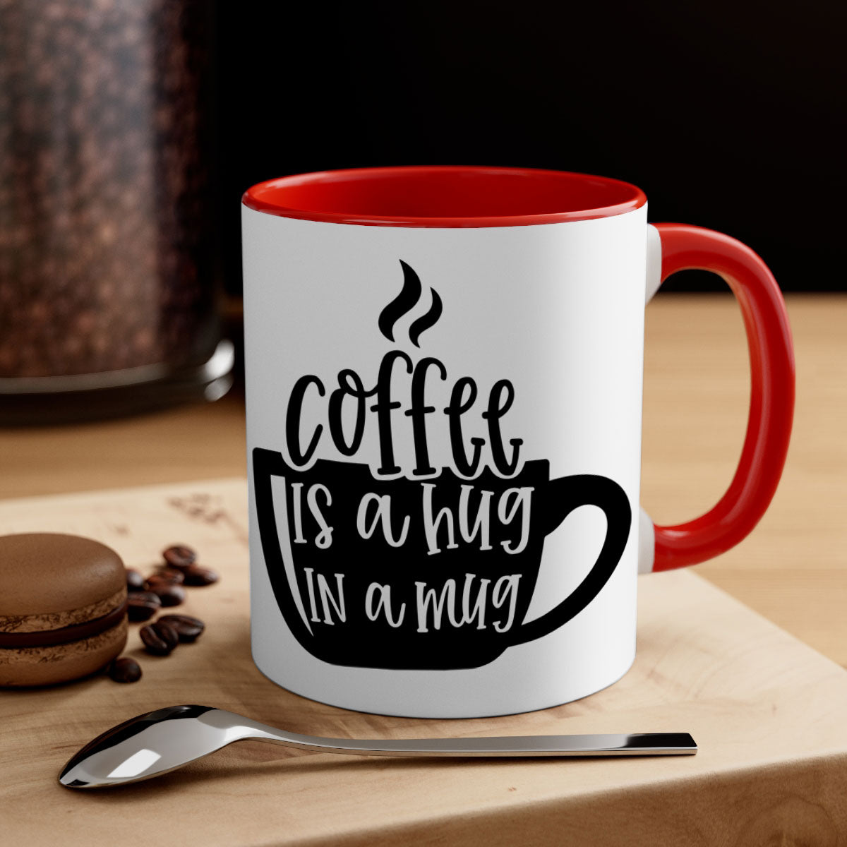 A stylish two-tone coffee mug with a colored handle and interior, featuring the phrase 'Coffee is a Hug in a Mug'. Available in multiple colors.