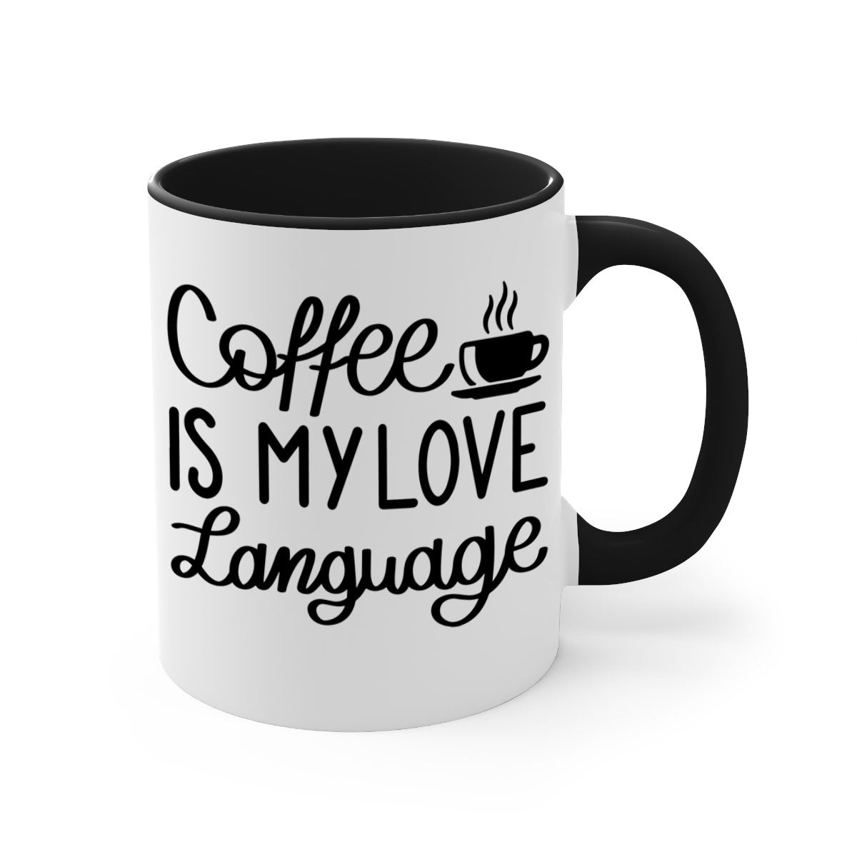 Two-tone coffee mug with 'Coffee is My Love Language' text, featuring a colored handle and glossy finish.