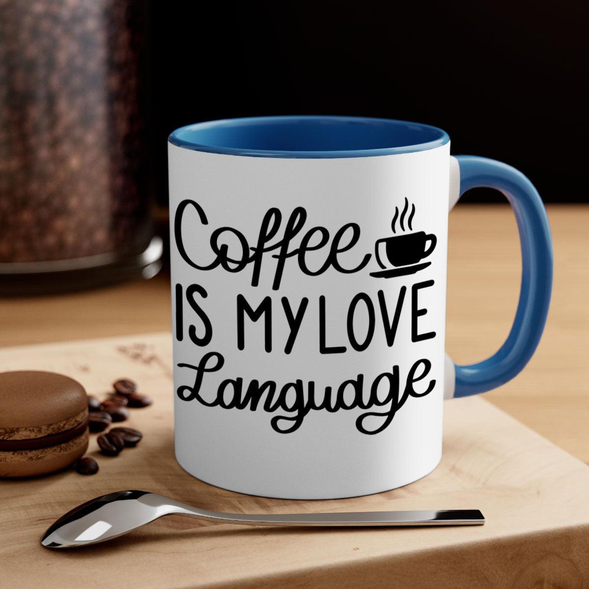 Two-tone coffee mug with 'Coffee is My Love Language' text, featuring a colored handle and glossy finish.