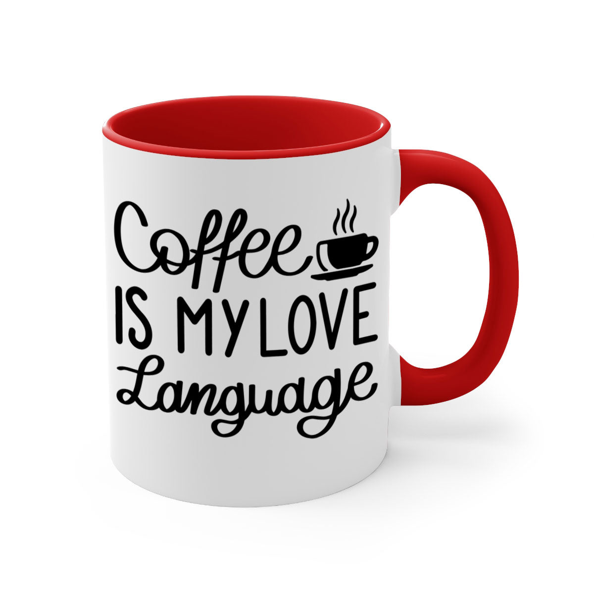 Two-tone coffee mug with 'Coffee is My Love Language' text, featuring a colored handle and glossy finish.