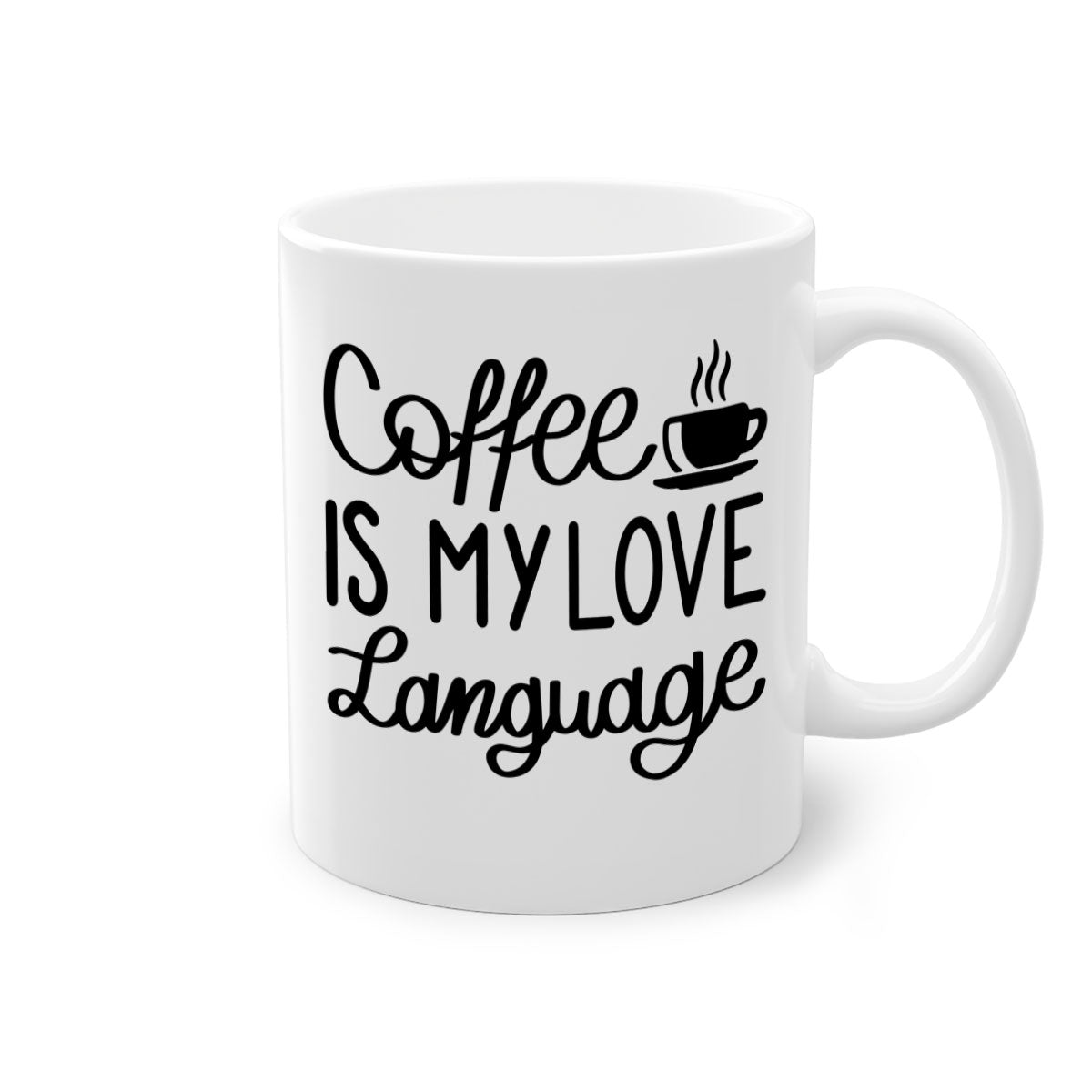 Two-tone coffee mug with 'Coffee is My Love Language' text, featuring a colored handle and glossy finish.