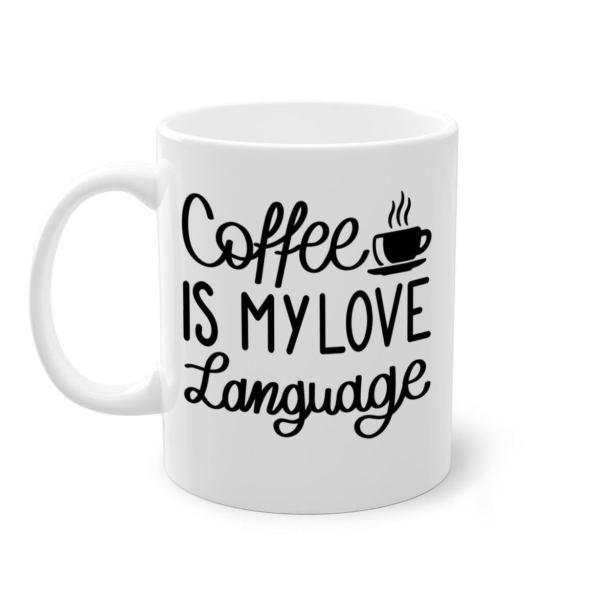 Two-tone coffee mug with 'Coffee is My Love Language' text, featuring a colored handle and glossy finish.